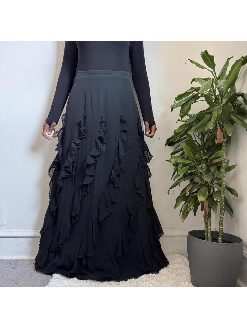 Vintage 100% Silk Cascade Ruffle Maxi Skirt - Whimsigoth Romantic Goth Fits M-L